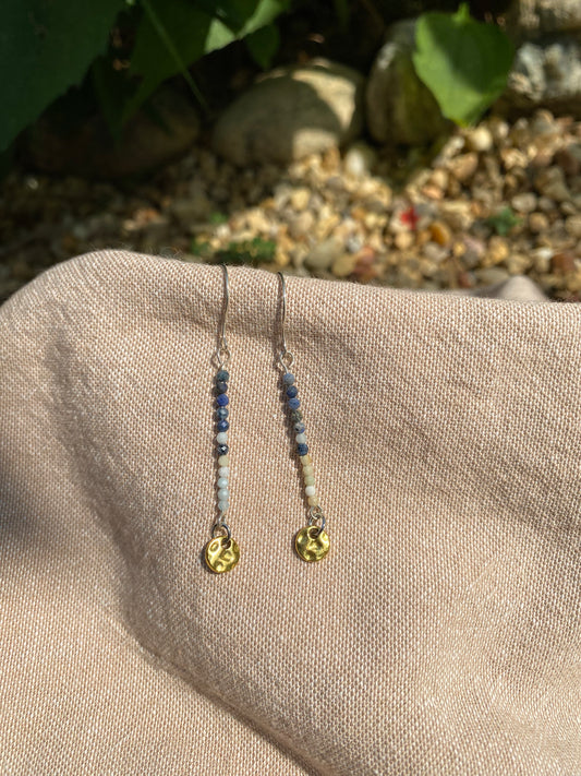 Amazonite & Sapphire Drop Earrings w/ hammered gold discs